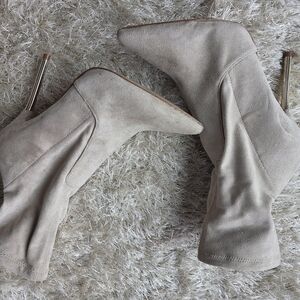 Suede Pointed-Toe Stiletto Ankle Boots - Cream